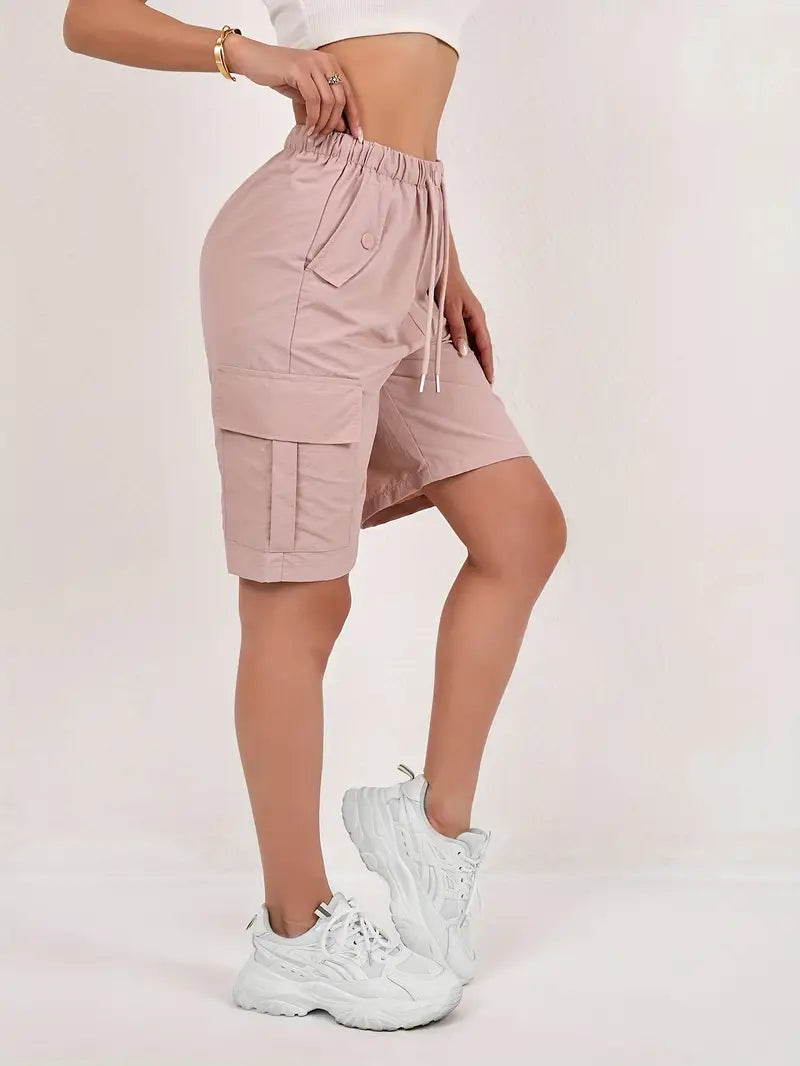 Olive green cargo shorts for women with a quick-dry fabric and multiple pockets, perfect for casual outdoor activities. 5