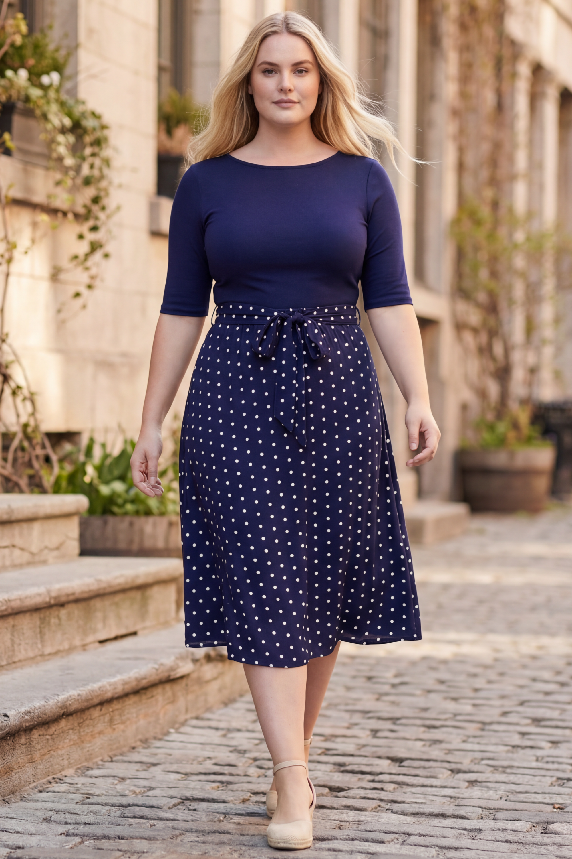 Navy blue midi dress with white polka dots, flared skirt, and a waist tie detail. 1