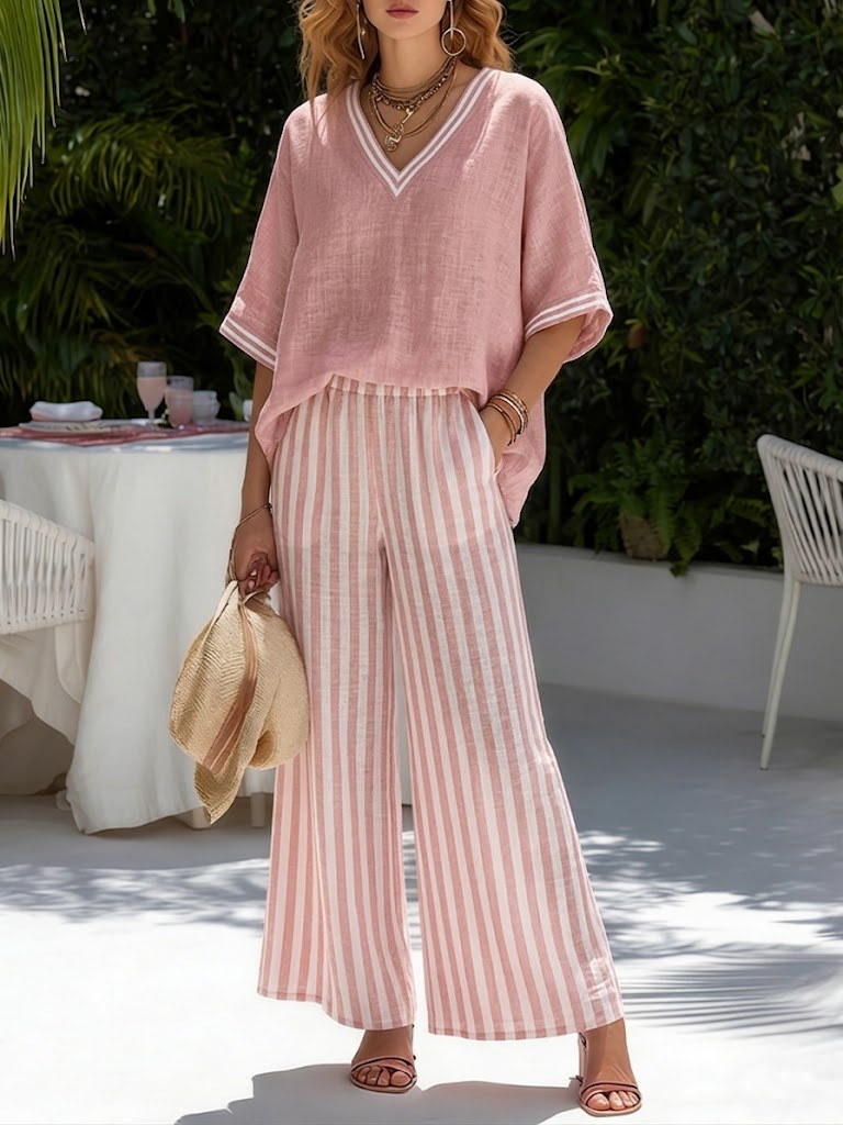 Lightweight two-piece co-ord set in pastel stripes, featuring a relaxed fit and casual style. 1
