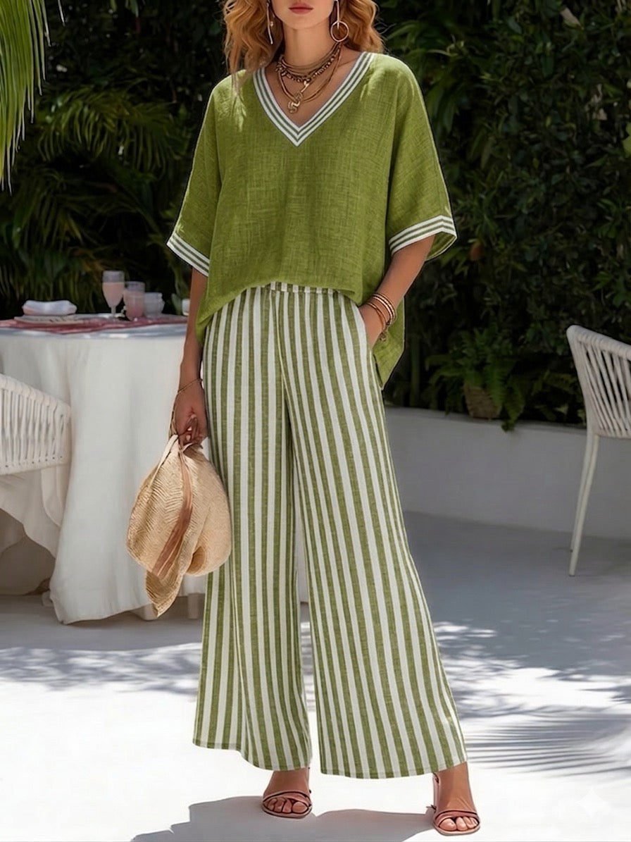Lightweight two-piece co-ord set in pastel stripes, featuring a relaxed fit and casual style. 4