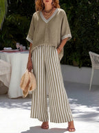 Lightweight two-piece co-ord set in pastel stripes, featuring a relaxed fit and casual style. 6
