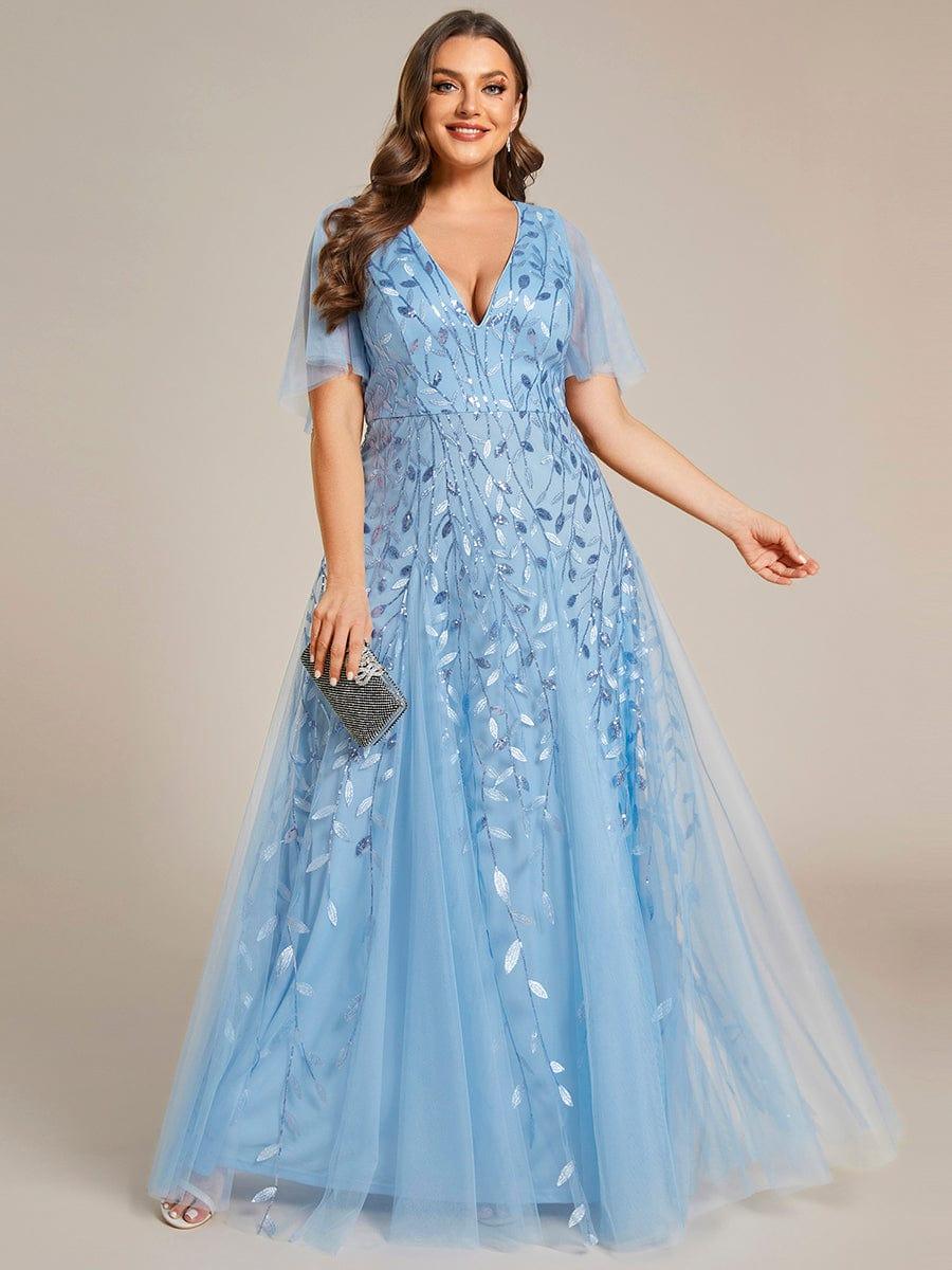 Plus size formal evening gown, navy blue, featuring ruffle sleeves and a floor-length silhouette. 14