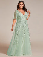 Plus size formal evening gown, navy blue, featuring ruffle sleeves and a floor-length silhouette. 19