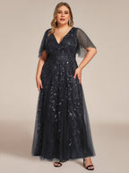 Plus size formal evening gown, navy blue, featuring ruffle sleeves and a floor-length silhouette. 20