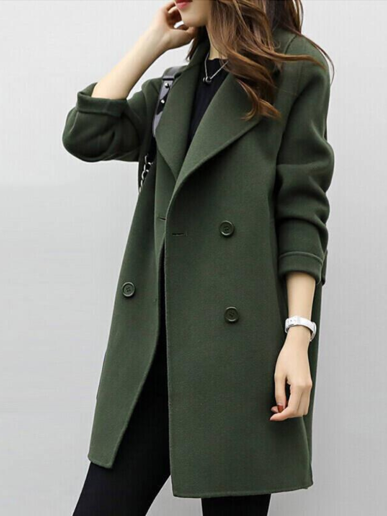 Longline double-breasted coat for women with wide notched lapels.