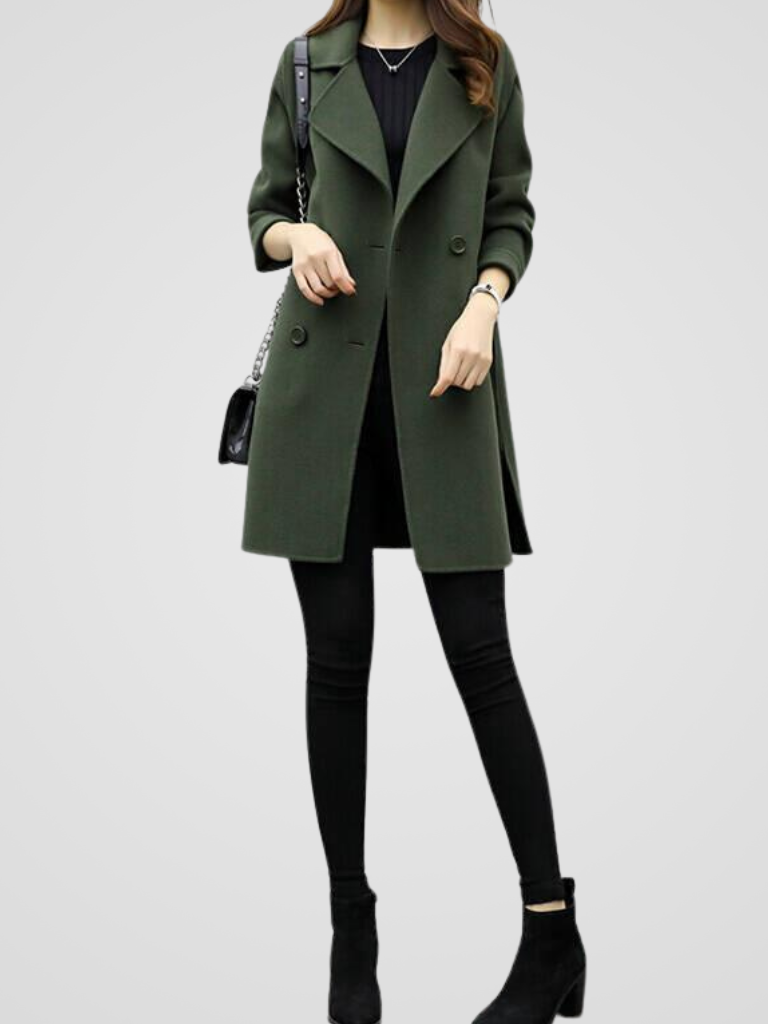 Longline double-breasted coat for women with wide notched lapels.