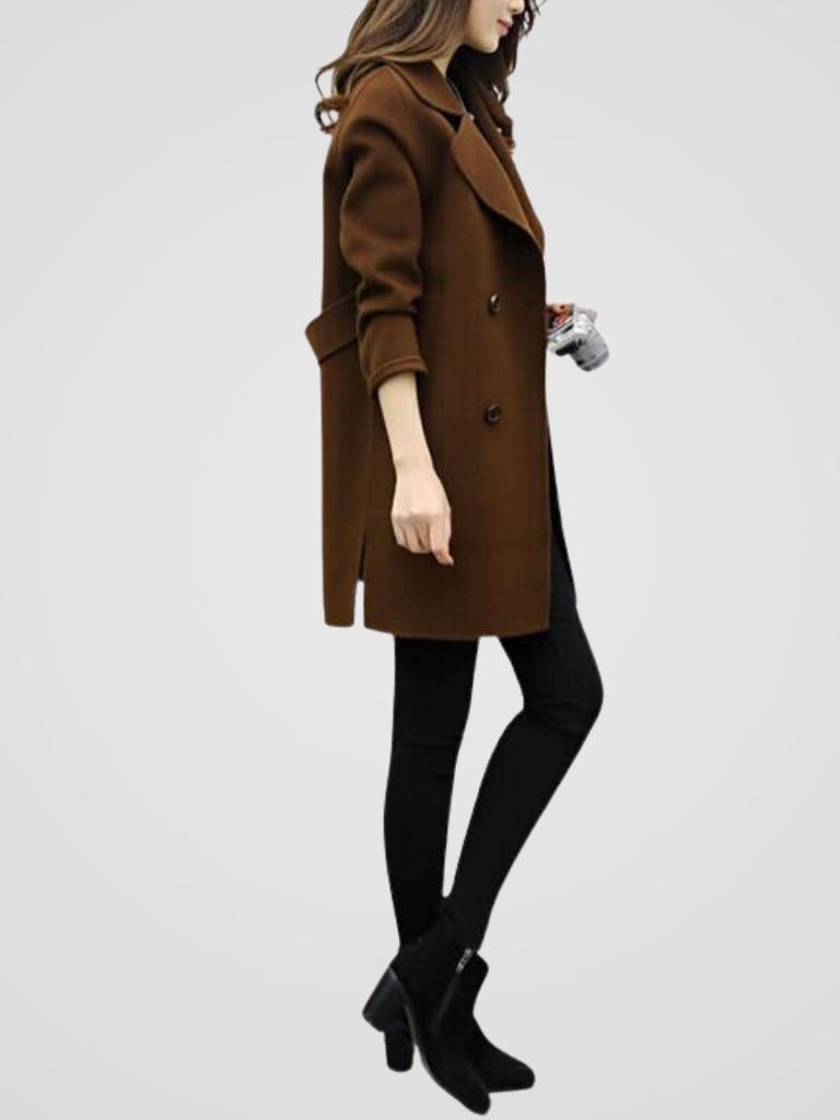 Longline double-breasted coat for women with wide notched lapels.