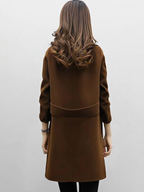 Longline double-breasted coat for women with wide notched lapels.