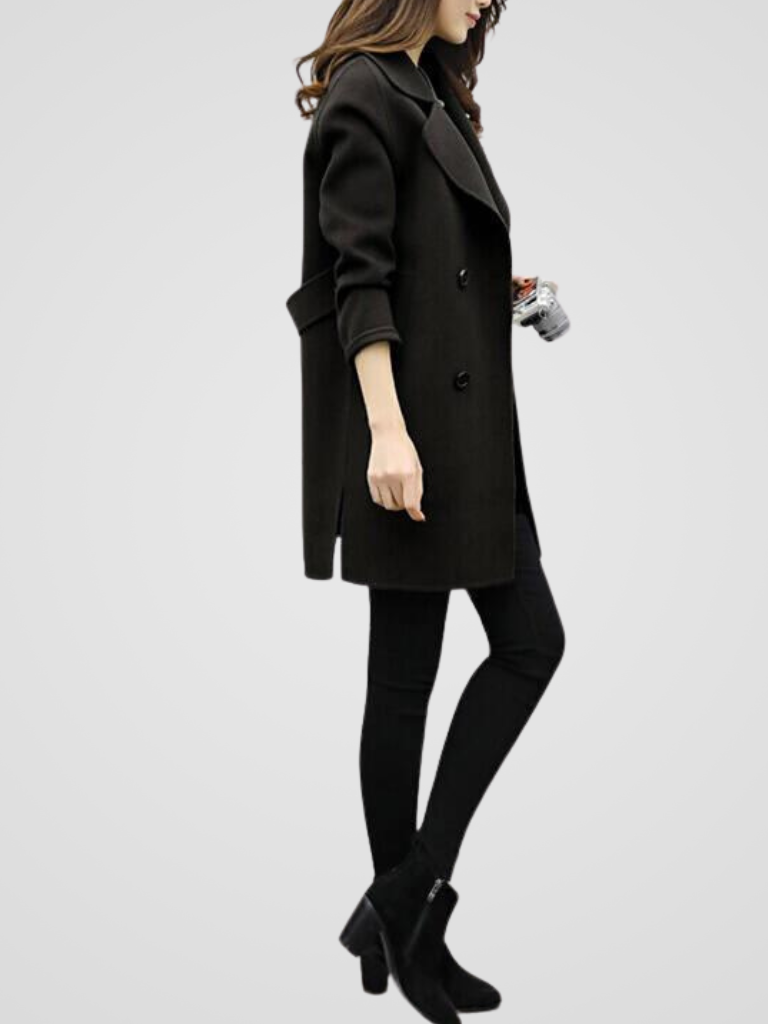 Longline double-breasted coat for women with wide notched lapels.