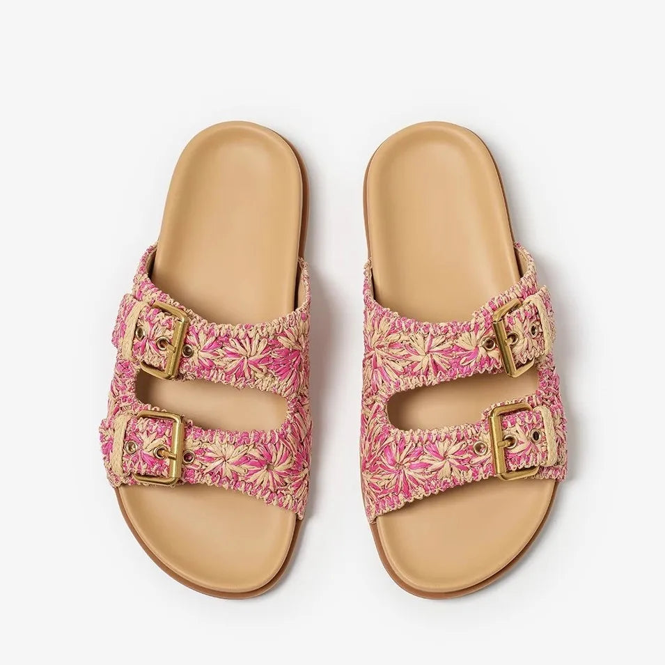 Tan leather buckle sandals with a minimalist design, perfect for casual summer outings. 1