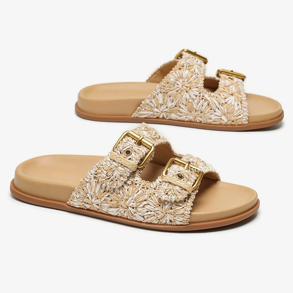 Tan leather buckle sandals with a minimalist design, perfect for casual summer outings. 4