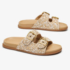 Tan leather buckle sandals with a minimalist design, perfect for casual summer outings. 4