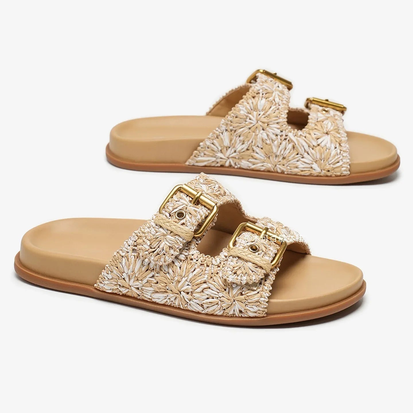 Tan leather buckle sandals with a minimalist design, perfect for casual summer outings. 4