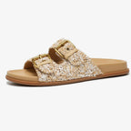 Tan leather buckle sandals with a minimalist design, perfect for casual summer outings. 7