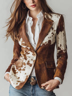 Priscilla cow print blazer, brown and white, worn