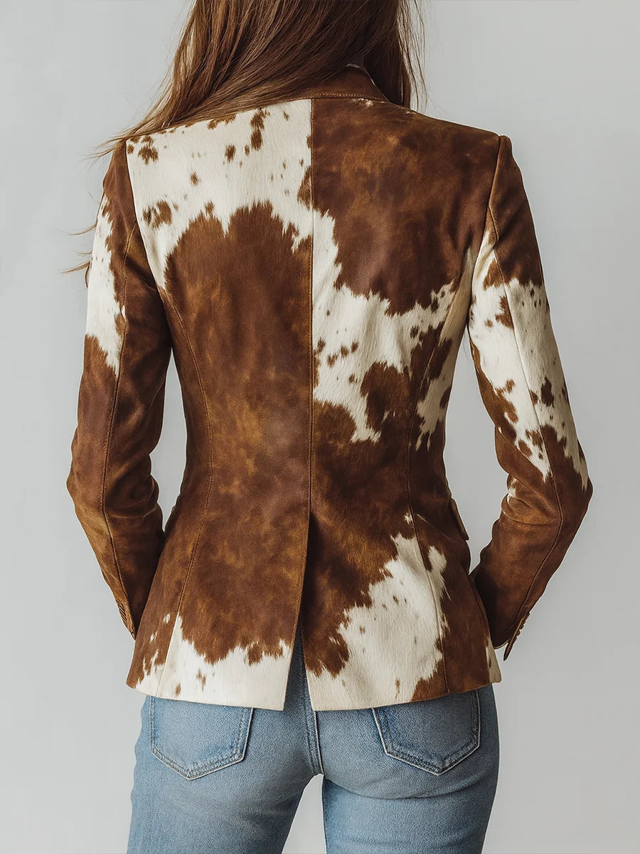 Priscilla cow print blazer, brown and white, back view