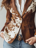 Priscilla cow print blazer, brown and white, button detail