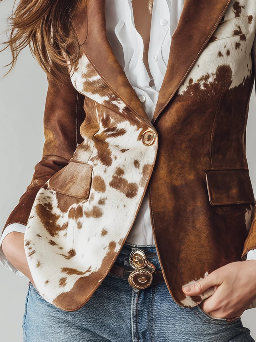 Priscilla cow print blazer, brown and white, button detail