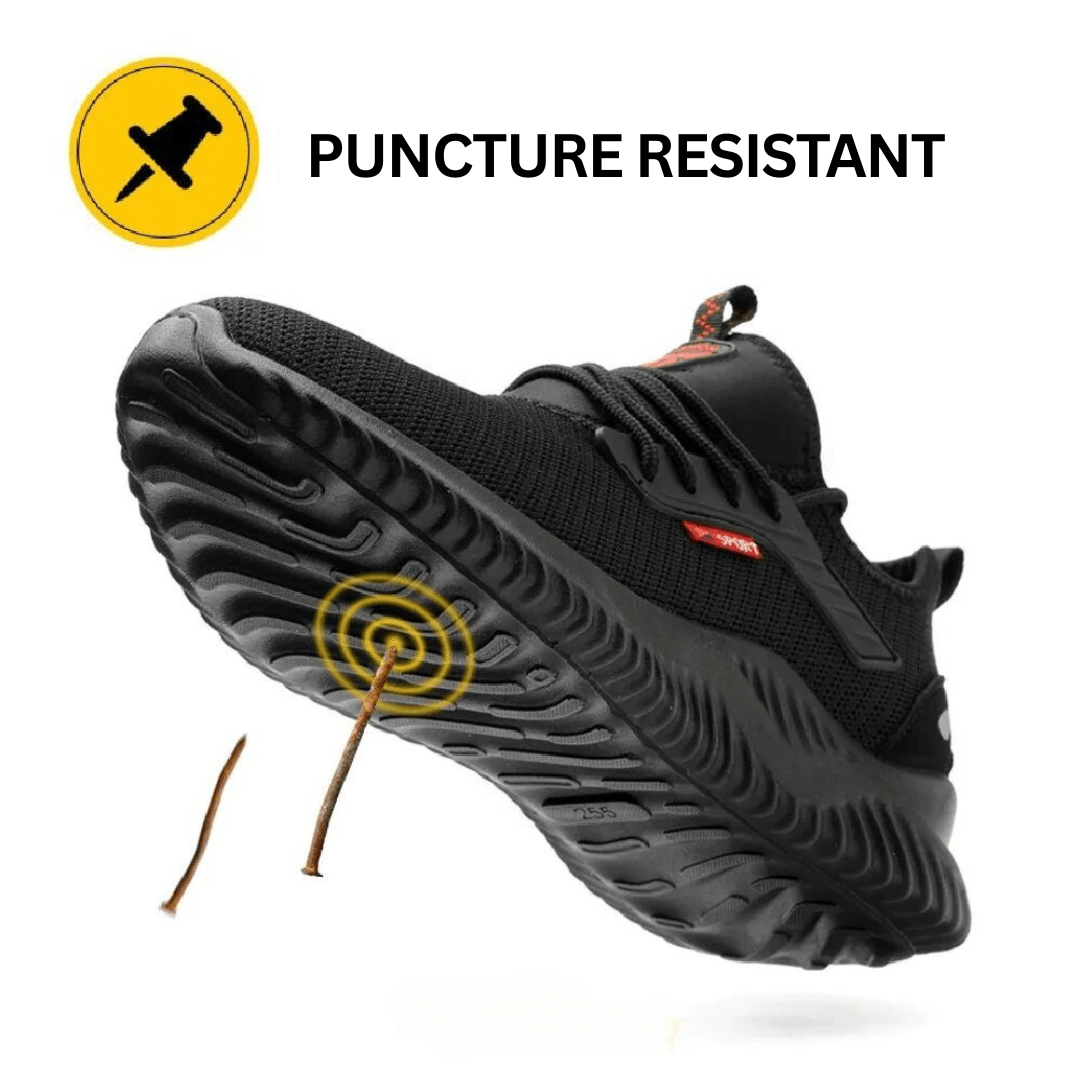 Black orthopedic work shoes with steel toe, featuring a breathable mesh upper in a sleek, modern design. 3