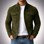 Tailored navy suede jacket with a structured fit and flap pockets. 0