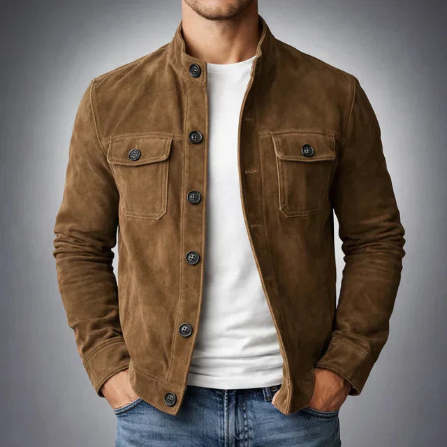 Tailored navy suede jacket with a structured fit and flap pockets. 1