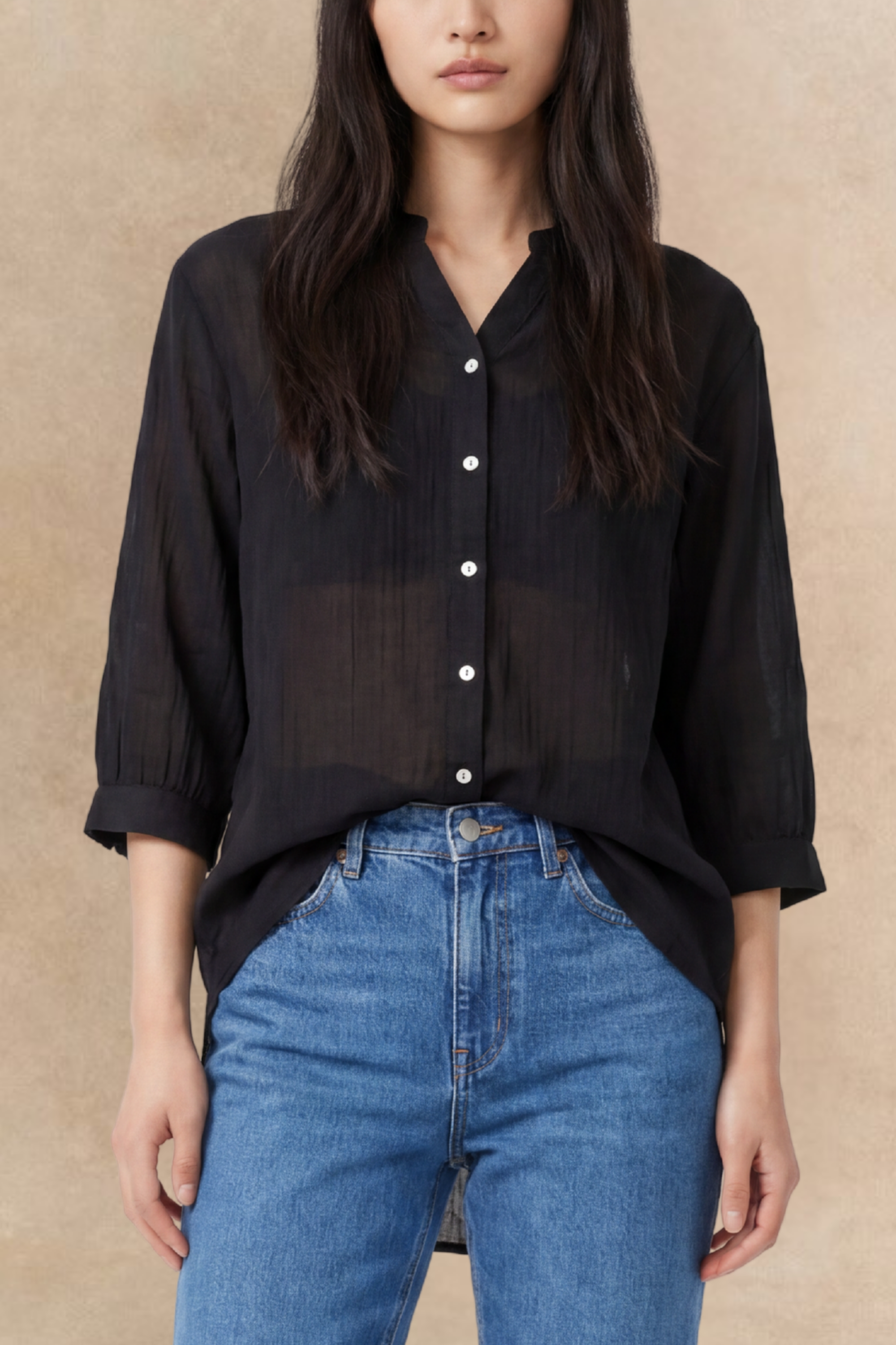Oversized semi-sheer white shirt in a cotton blend, featuring a relaxed fit and a V-neckline. 5