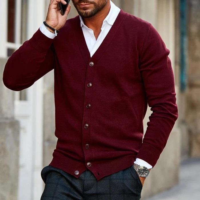 Roy men's v-neck cardigan with button front, wine red, worn with a white shirt