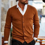 Roy men's v-neck cardigan with button front, brown, worn with a white shirt