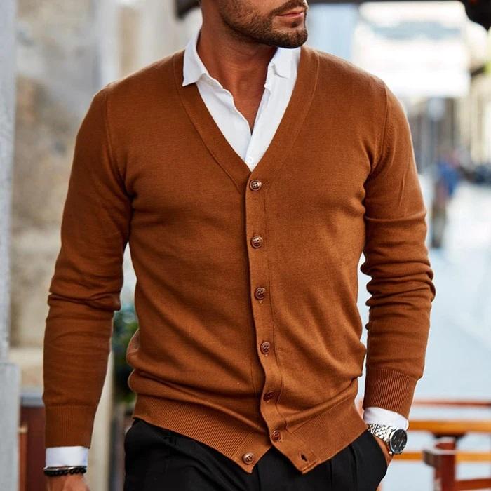 Roy men's v-neck cardigan with button front, brown, worn with a white shirt