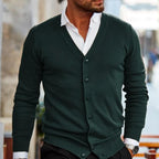 Roy men's v-neck cardigan with button front, dark green, worn with a white shirt