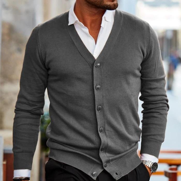 Roy men's v-neck cardigan with button front, gray, worn with a white shirt
