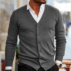Roy men's v-neck cardigan with button front, gray, worn with a white shirt