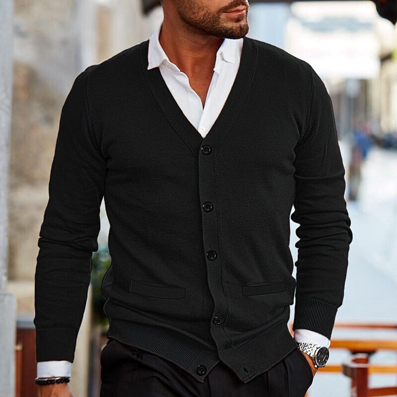 Roy men's v-neck cardigan with button front, black, worn with a white shirt