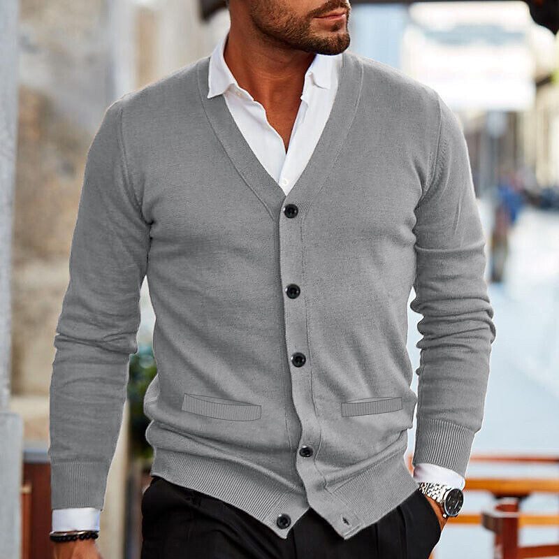Roy men's v-neck cardigan with button front, light gray, worn with a white shirt