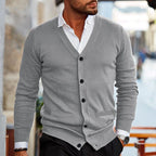 Roy men's v-neck cardigan with button front, light gray, worn with a white shirt