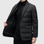 Rutger padded jacket in black, front view with the lining showing