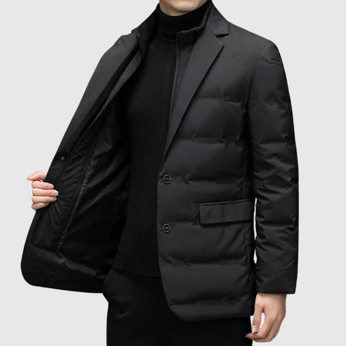 Rutger padded jacket in black, front view with the lining showing