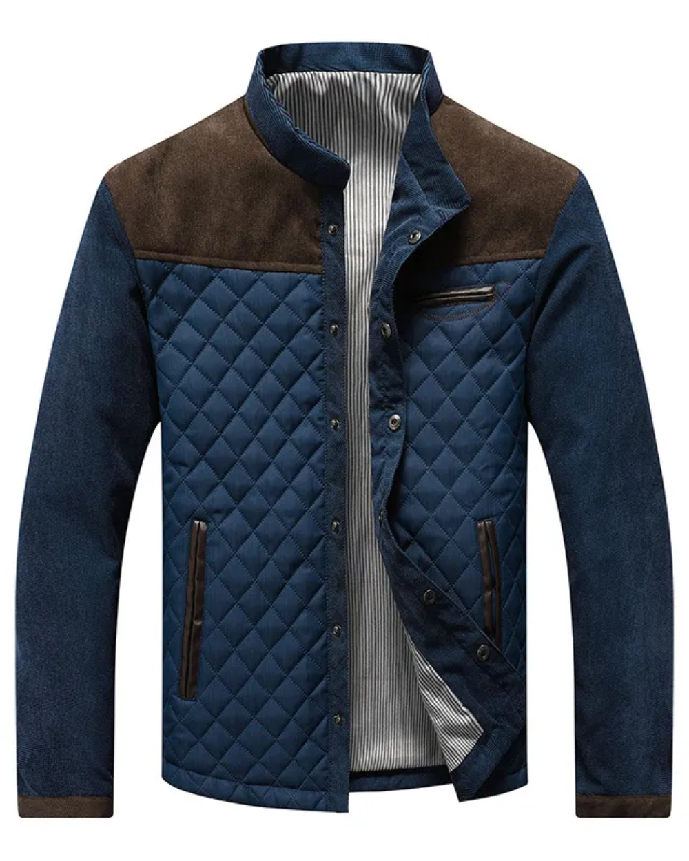 Men's quilted jacket with contrast corduroy shoulder panels and a stand collar.