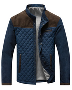Men's quilted jacket with contrast corduroy shoulder panels and a stand collar.