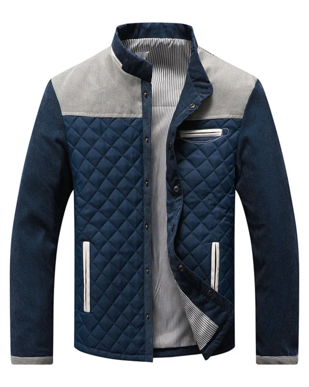 Men's quilted jacket with contrast corduroy shoulder panels and a stand collar.