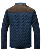 Men's quilted jacket with contrast corduroy shoulder panels and a stand collar.