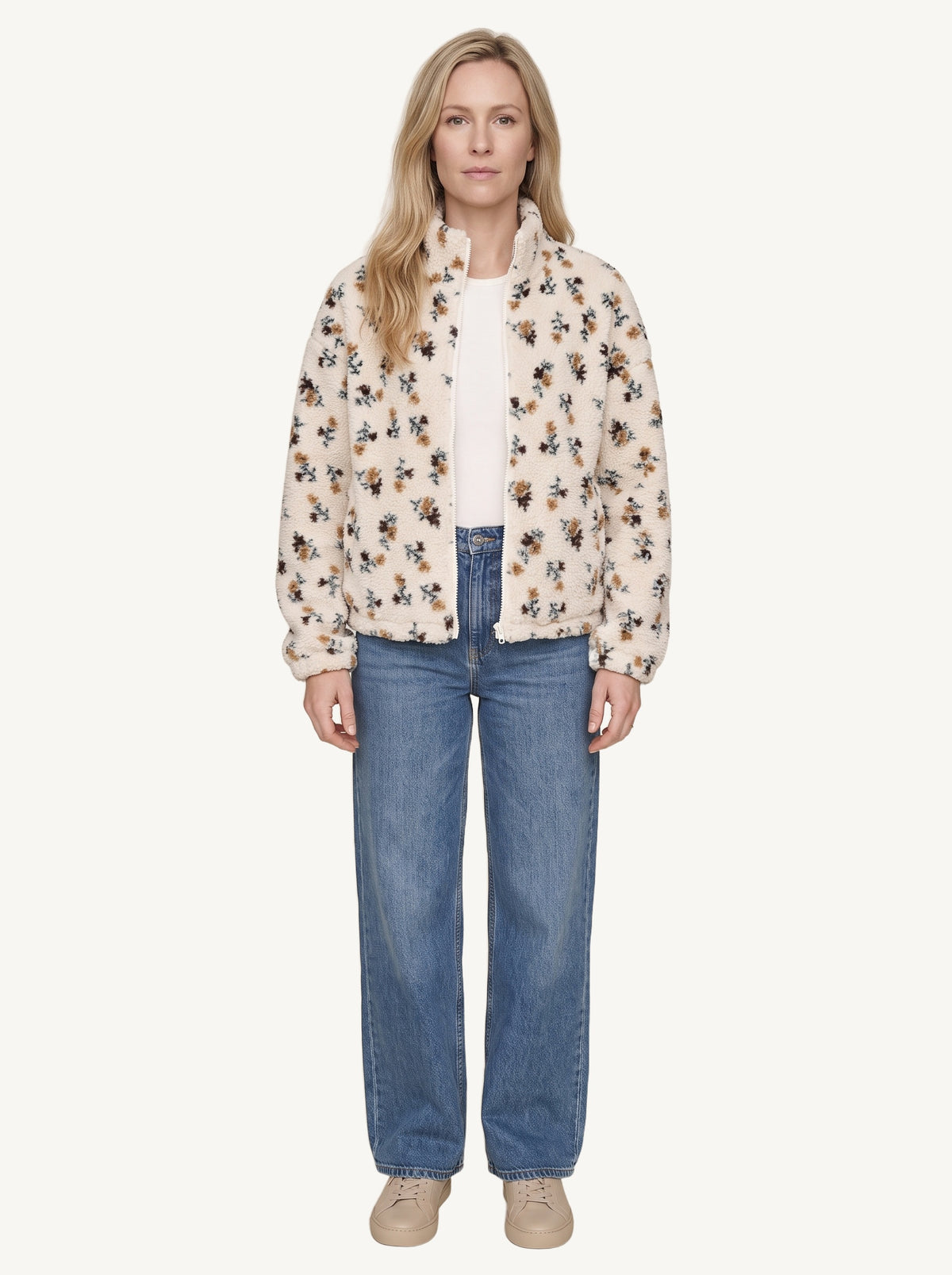 Sanne floral teddy fleece jacket, ecru, front view