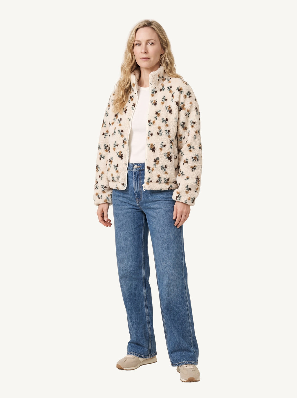 Sanne floral teddy fleece jacket, ecru, three-quarter view