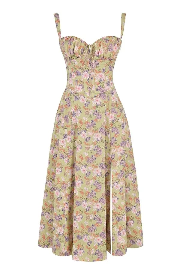Floral print midi dress in soft pastel colors with a fitted bustier bodice, featuring a flowing skirt. 10