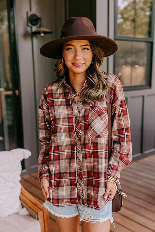 Warm taupe plaid flannel shirt, long sleeve style, perfect for casual wear. 1