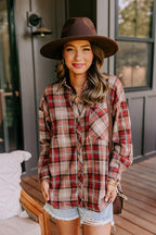 Warm taupe plaid flannel shirt, long sleeve style, perfect for casual wear. 1