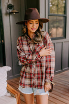 Warm taupe plaid flannel shirt, long sleeve style, perfect for casual wear. 2
