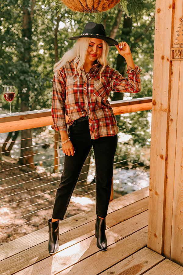 Warm taupe plaid flannel shirt, long sleeve style, perfect for casual wear. 5