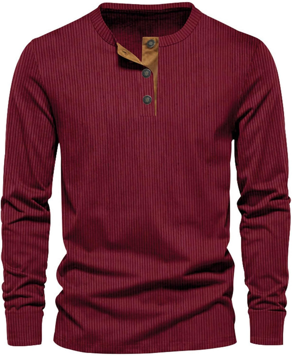Burgundy men's long sleeve henley top with a three-button placket.