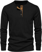 Men's long sleeve henley top with a three-button placket.